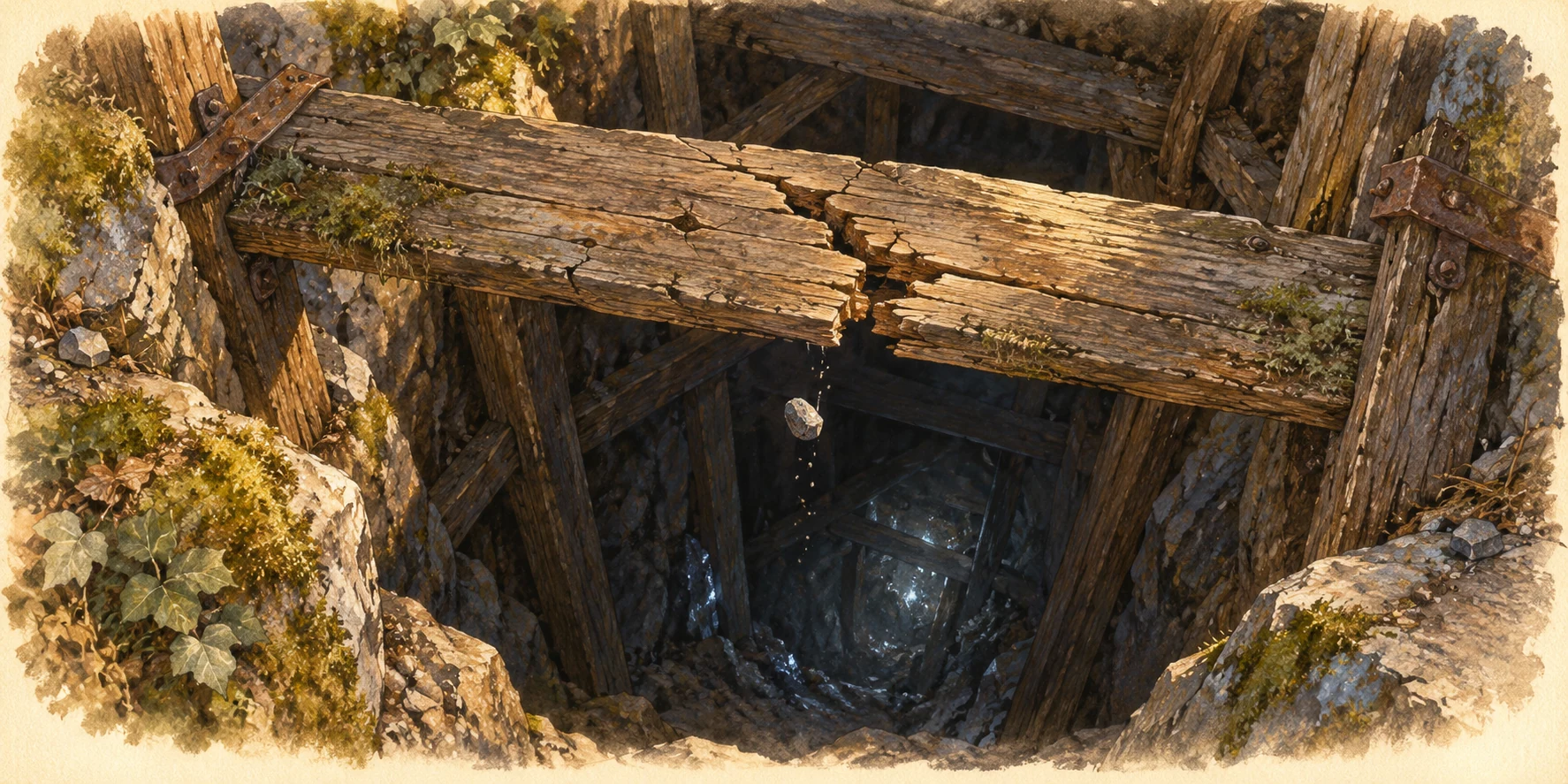 Extreme close study of a cracked timber spanning the dark mouth of an old silver mine.