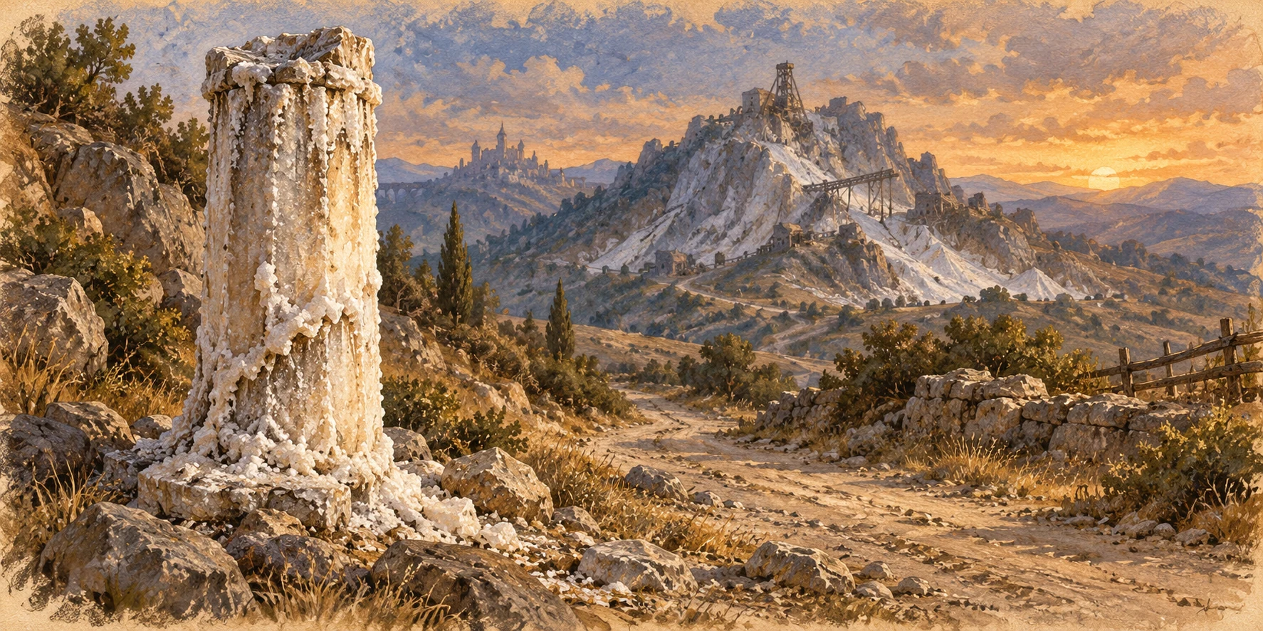 A weathered pale salt-like stone pillar beside a dry road, mineral crust catching late sun, distant mine mountain receding behind.
