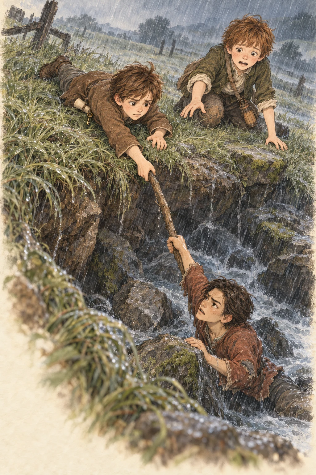 Chris and Hopeful use a staff to rescue Vain-confidence from a hidden pit.