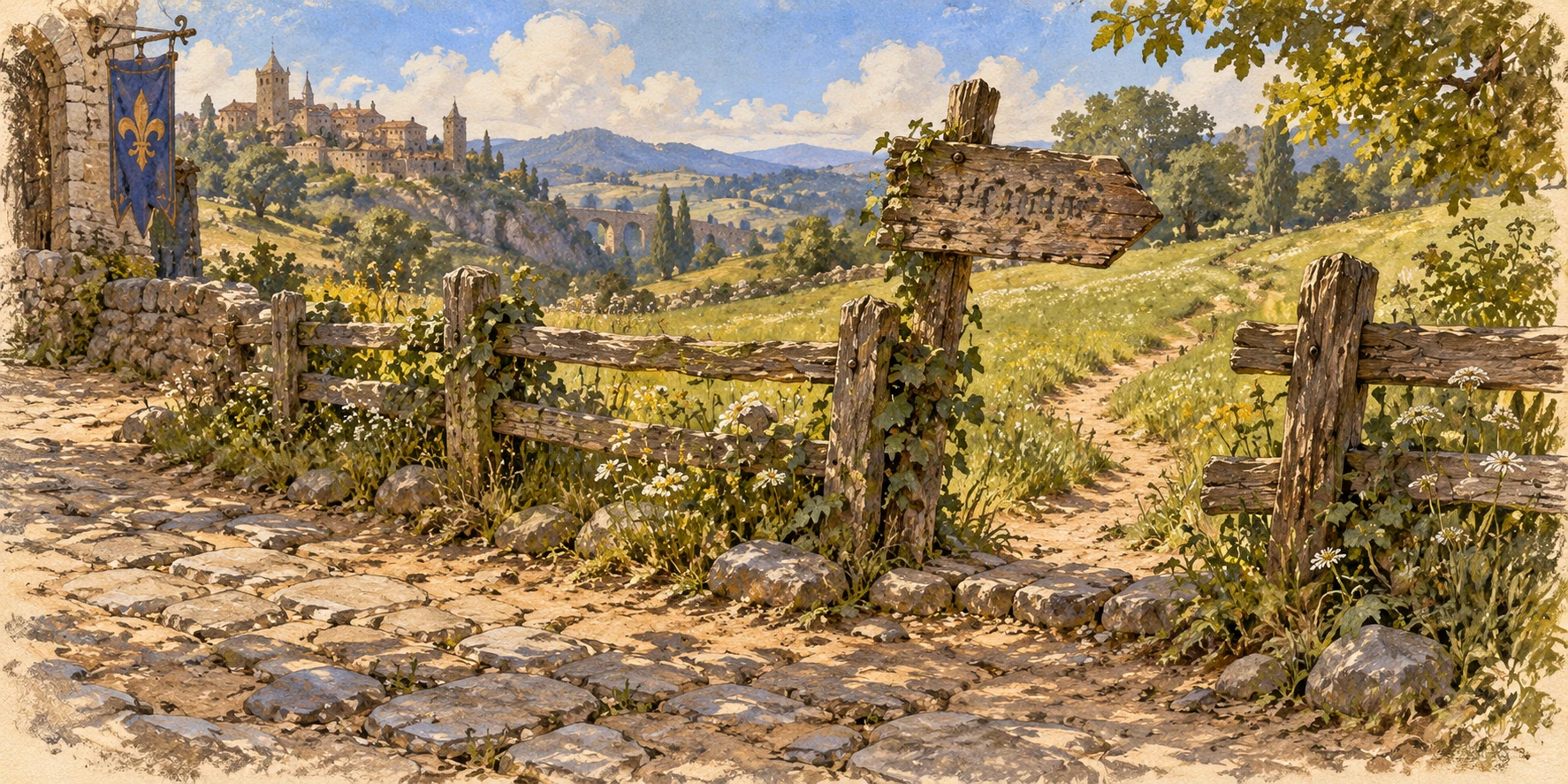 A low wooden fence separating a hard stony road from inviting green meadow, an old crooked sign with illegible weathered marks at the crossing.