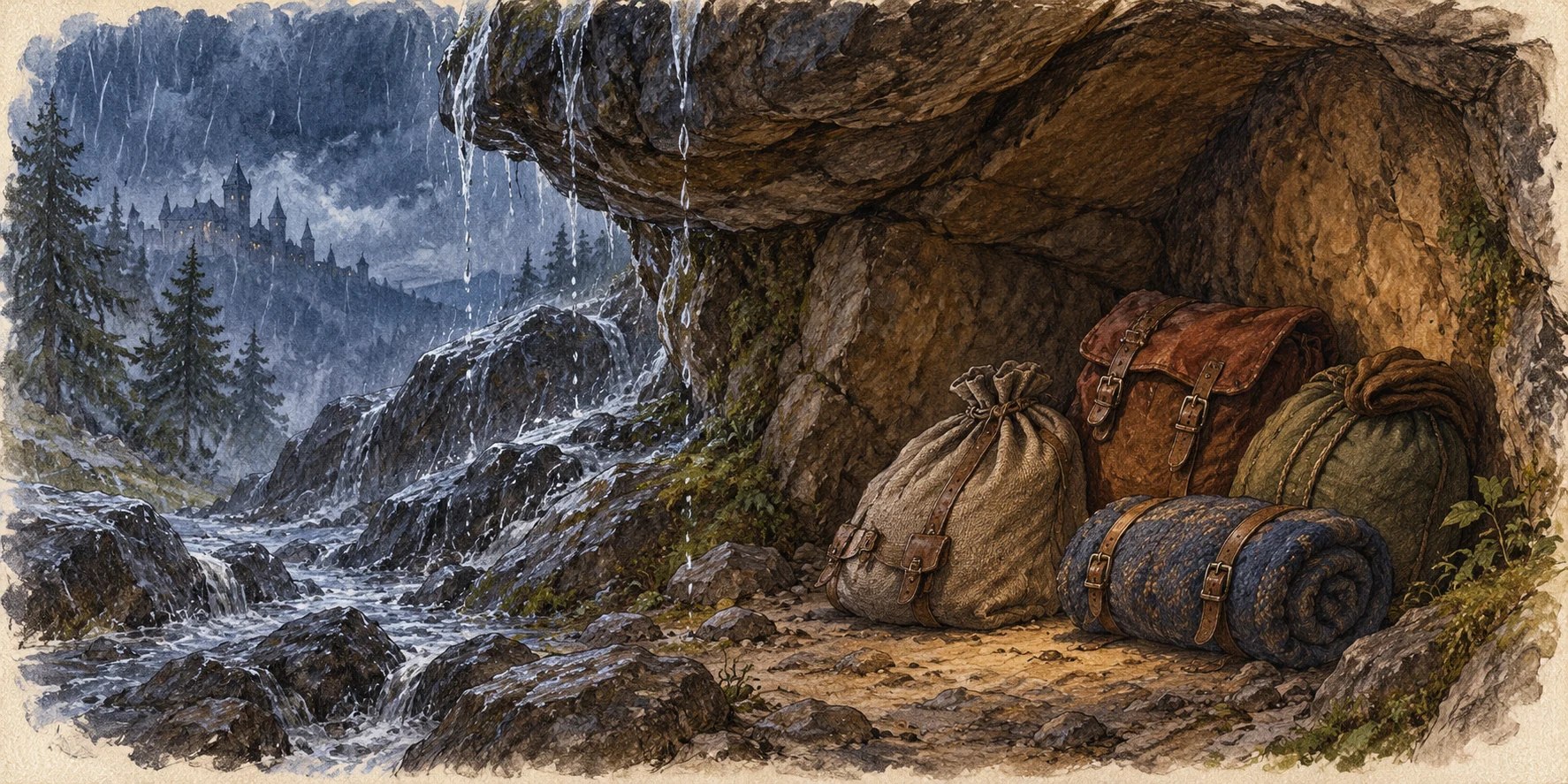 Rainwater streaming over dark rocks outside a shallow dry cave, three humble travel bundles clustered under the sheltered edge.