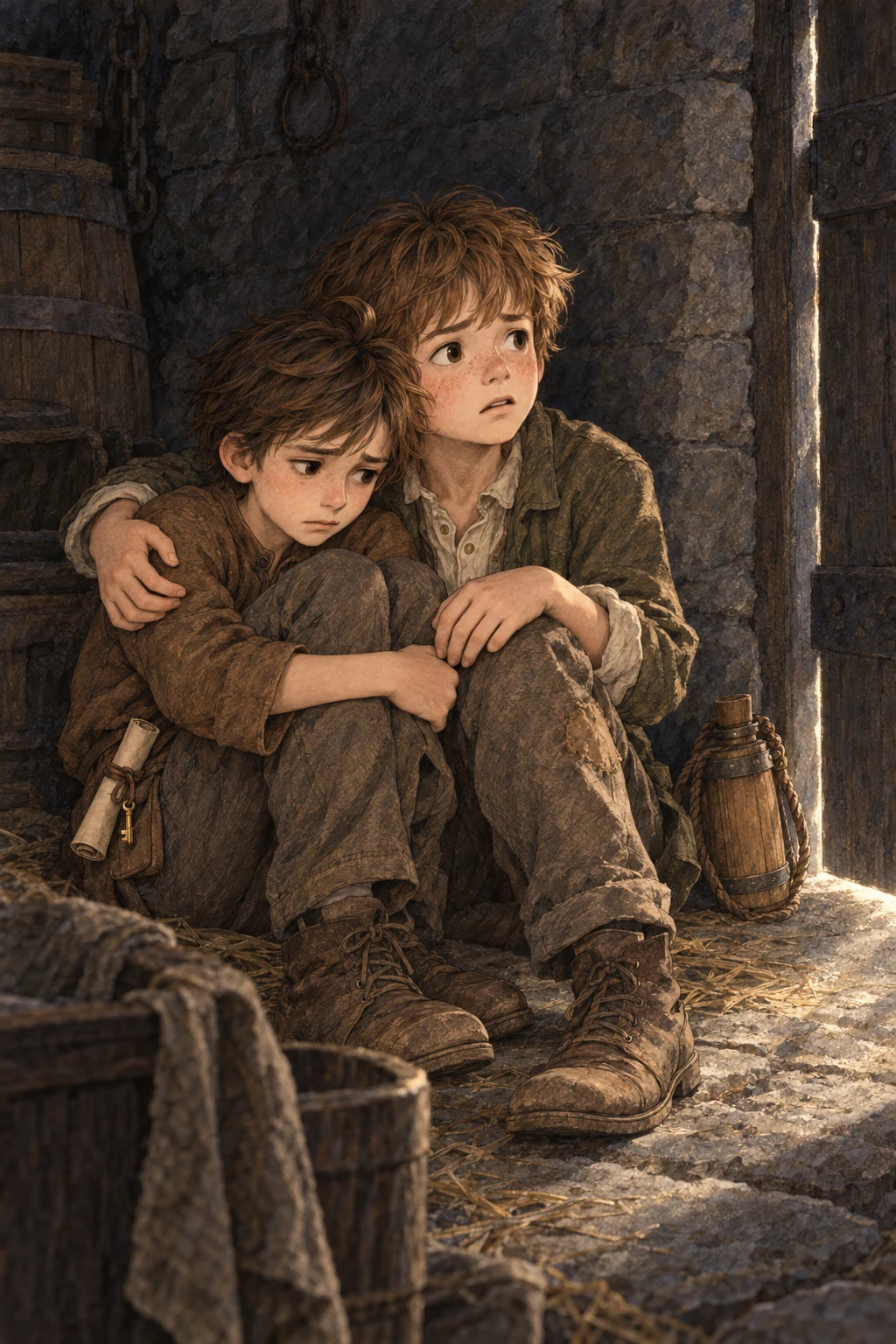 Hopeful sits beside frightened Chris against the wall.