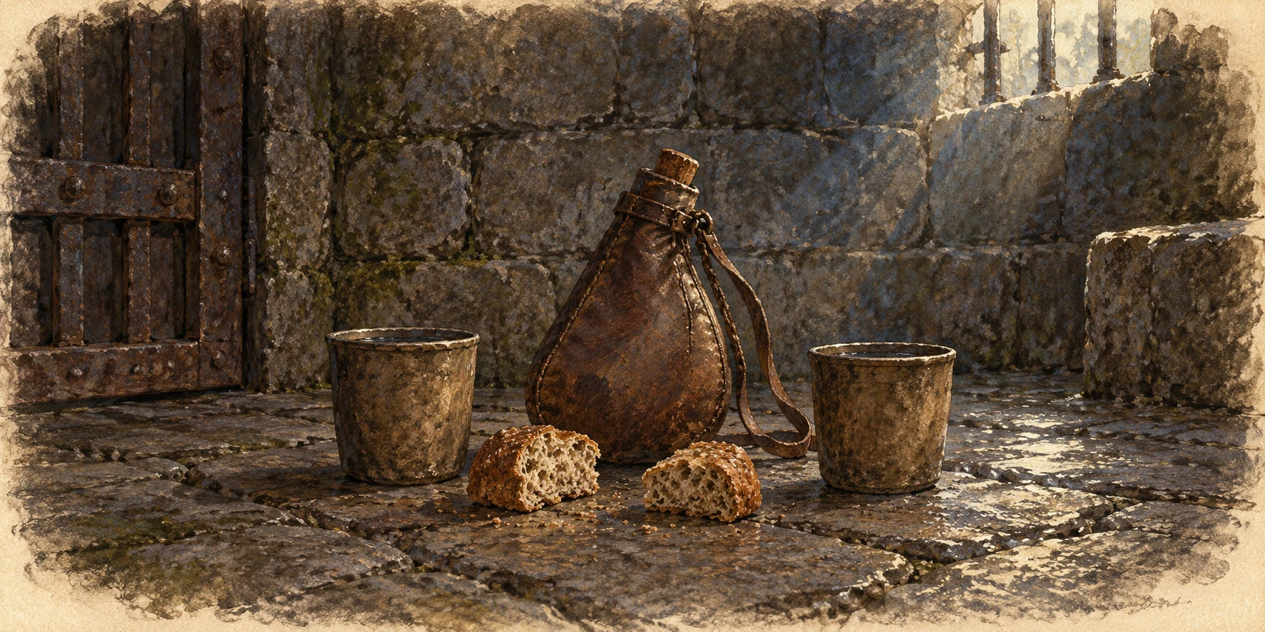Two tiny portions of damp bread and a leather waterskin set between two plain cups on a cold dungeon floor, bare rough stone wall and a faint high light.