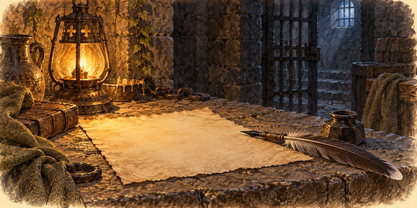 A clean unmarked piece of parchment and an abandoned quill on a rough stone table under one dim oil lamp, dark dungeon behind.