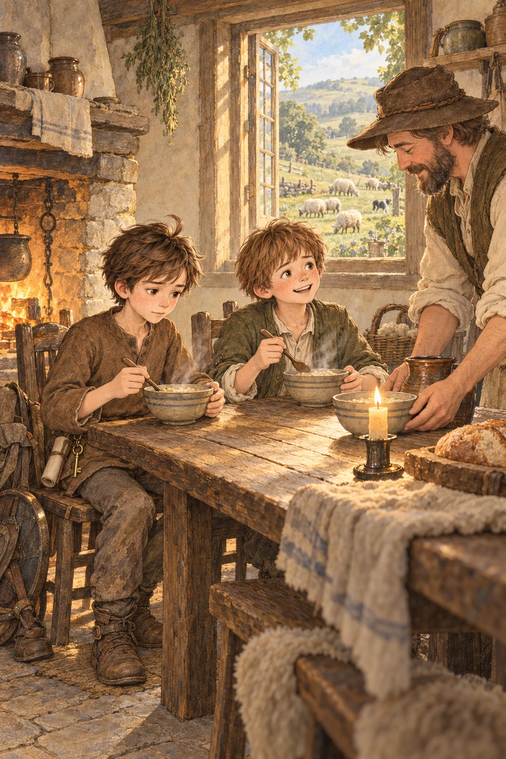 A shepherd brings porridge and warm water to the tired, hungry boys.