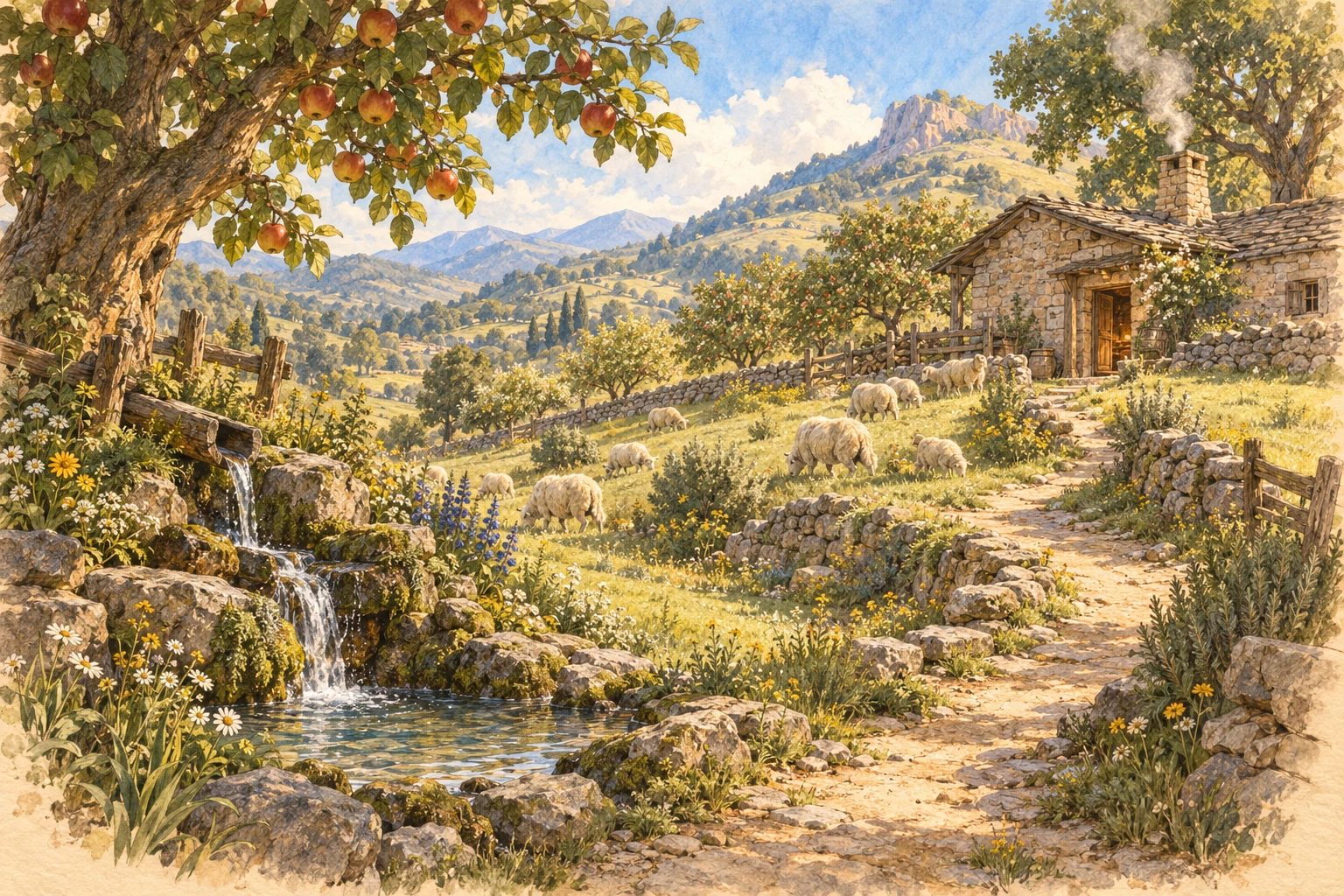 Mountains with fruit trees and springs.