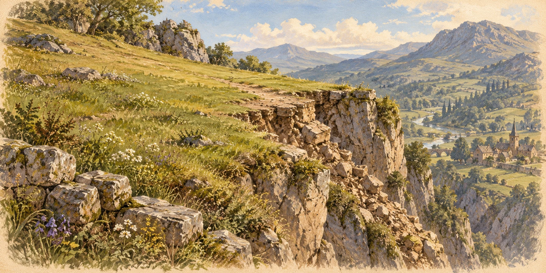 A deceptively level grassy slope ending at a steep rocky cliff, a crumbled footpath clearly exposed beyond the grass.