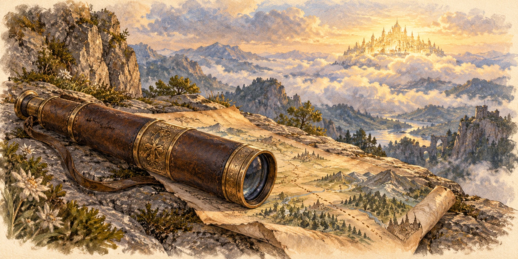 An old brass-and-leather handheld telescope resting beside an unfolded pictorial route map on a flat mountain rock.