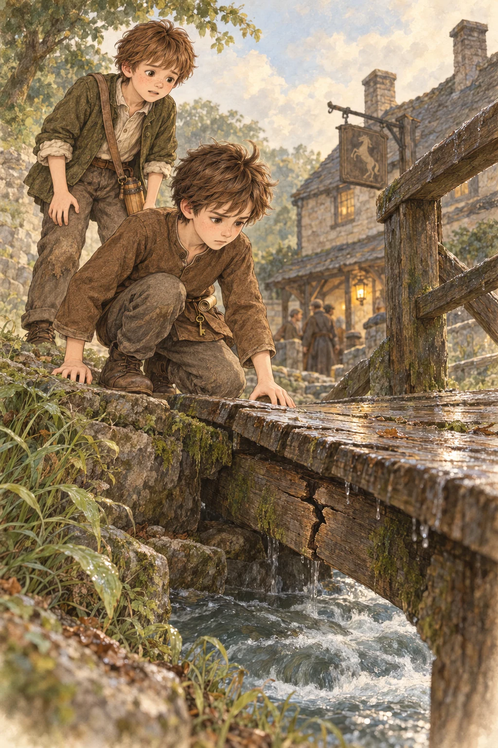 Chris examines the bridge and finds a cracked beam beneath it.