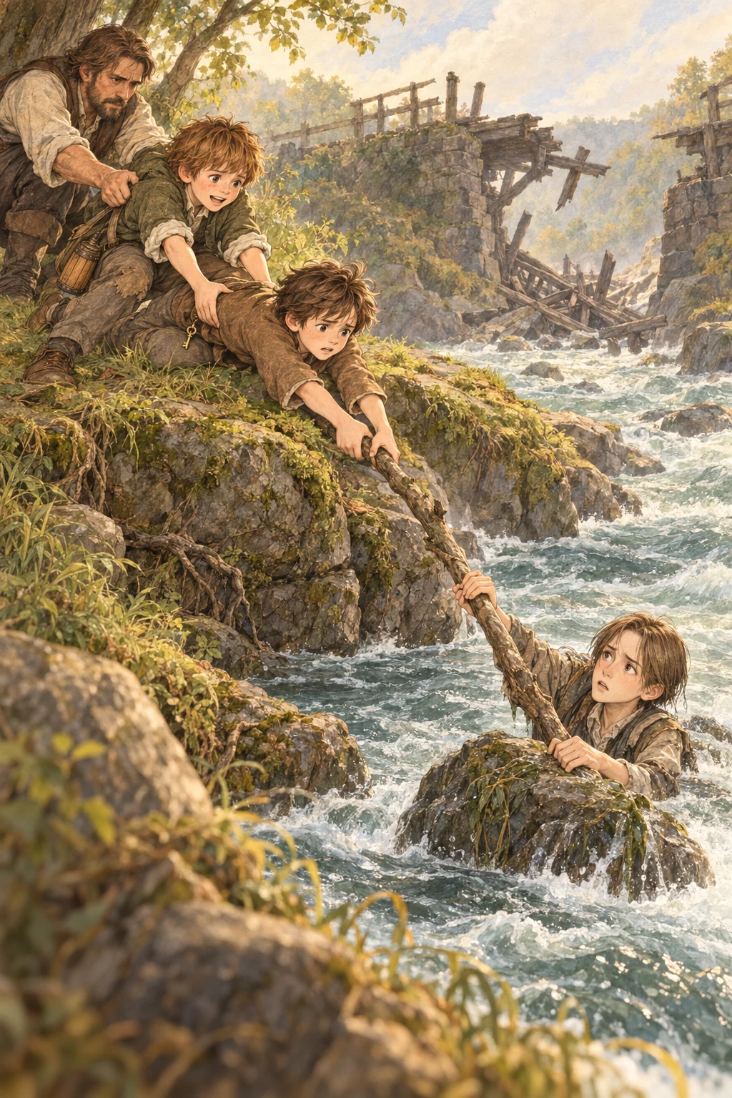 Chris, Hopeful, and an adult work together to pull Ignorance ashore.