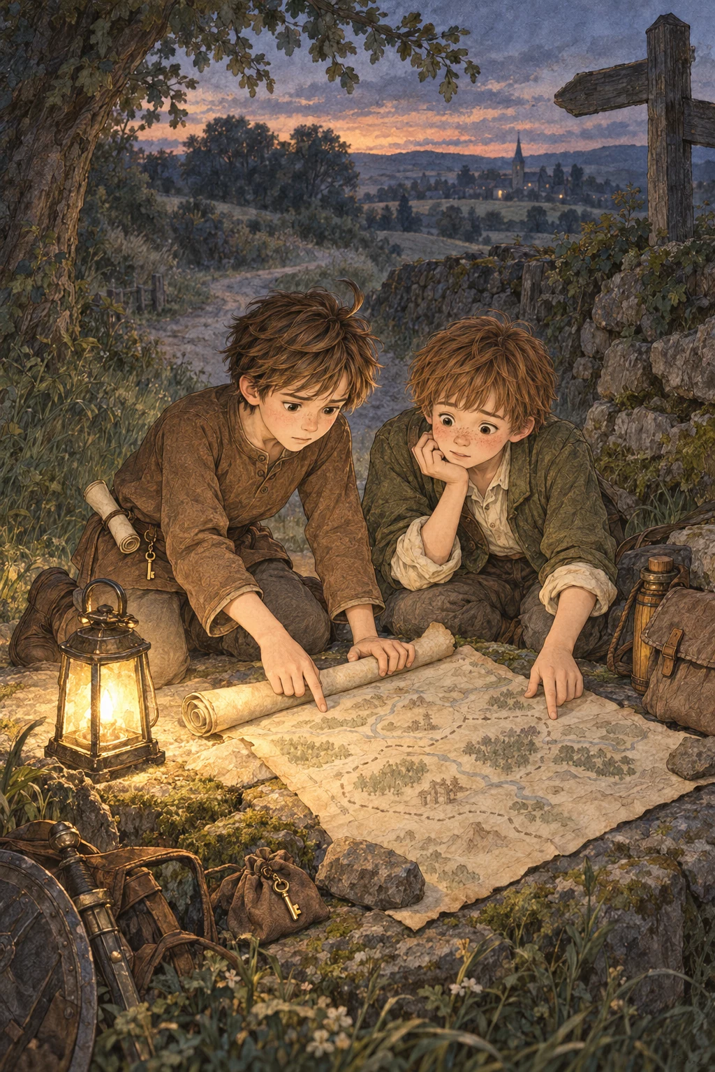 Chris and Hopeful consult their scrolls and map to check the road ahead.