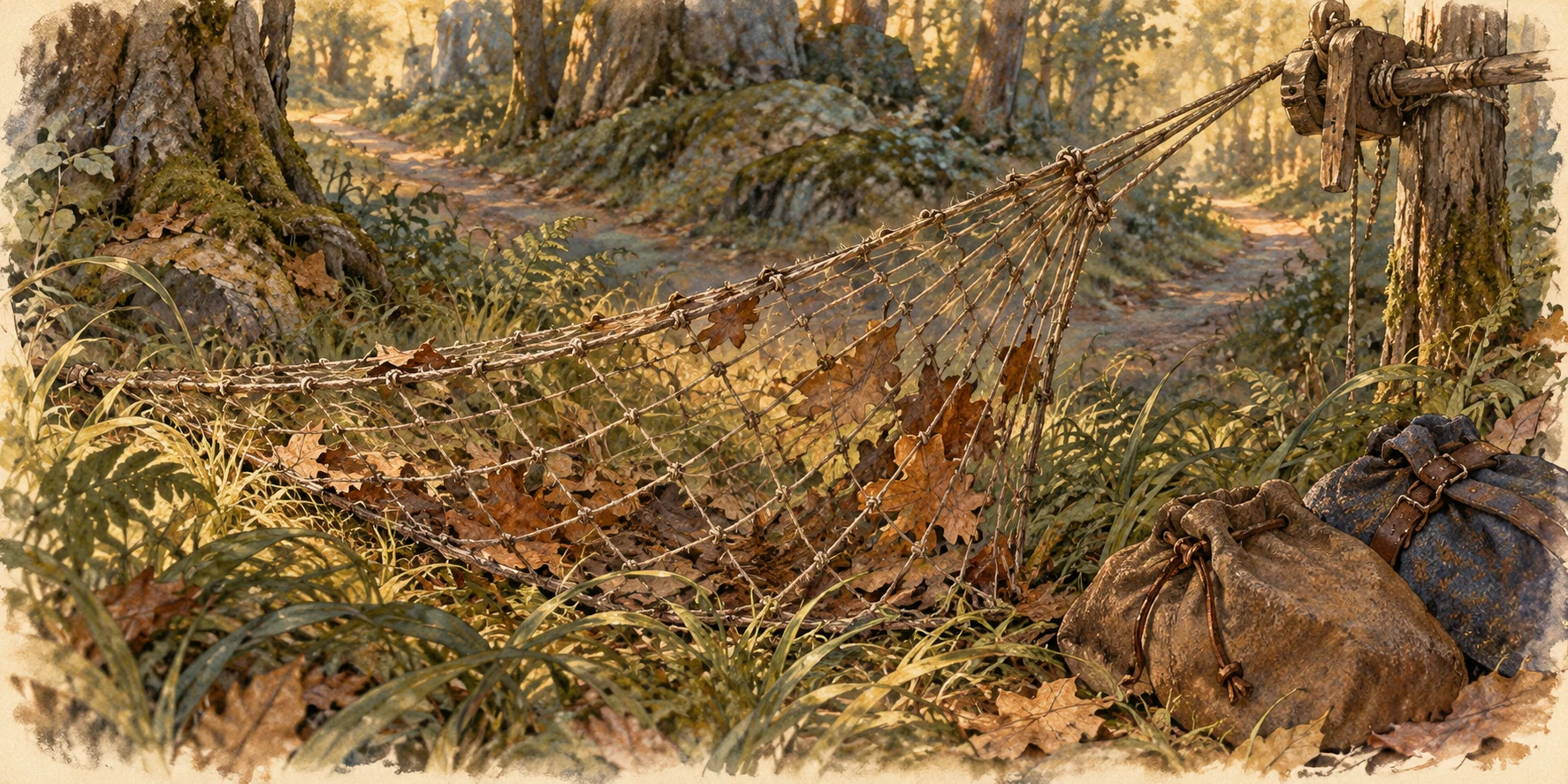 Close-up of a thin rope trap net drawing upward through bent grass at a forest fork.