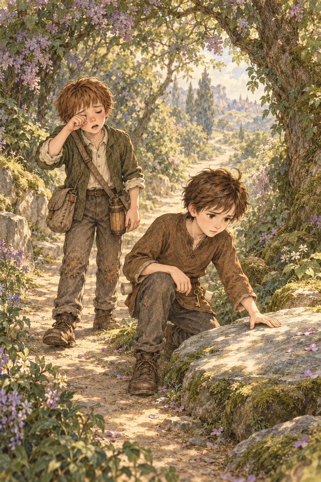 Sleepy Chris touches a flat stone on the Enchanted Ground.