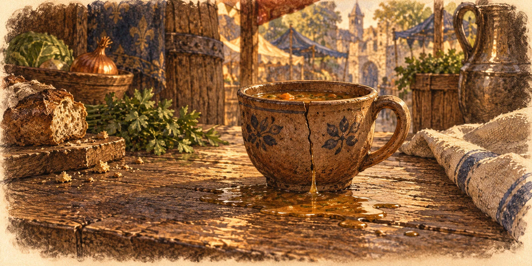 A simple clay cup with a fine crack down its side, a little leaked soup spreading across a worn wooden stall table.