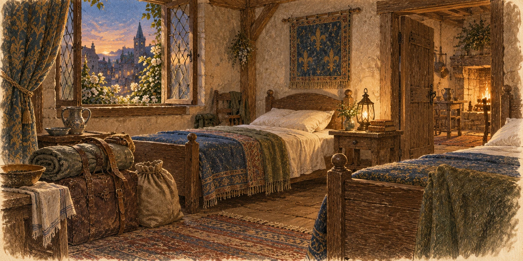 Two simple clean beds in an airy guest room, an open window with faint flowers outside and a small hearth in the next room.
