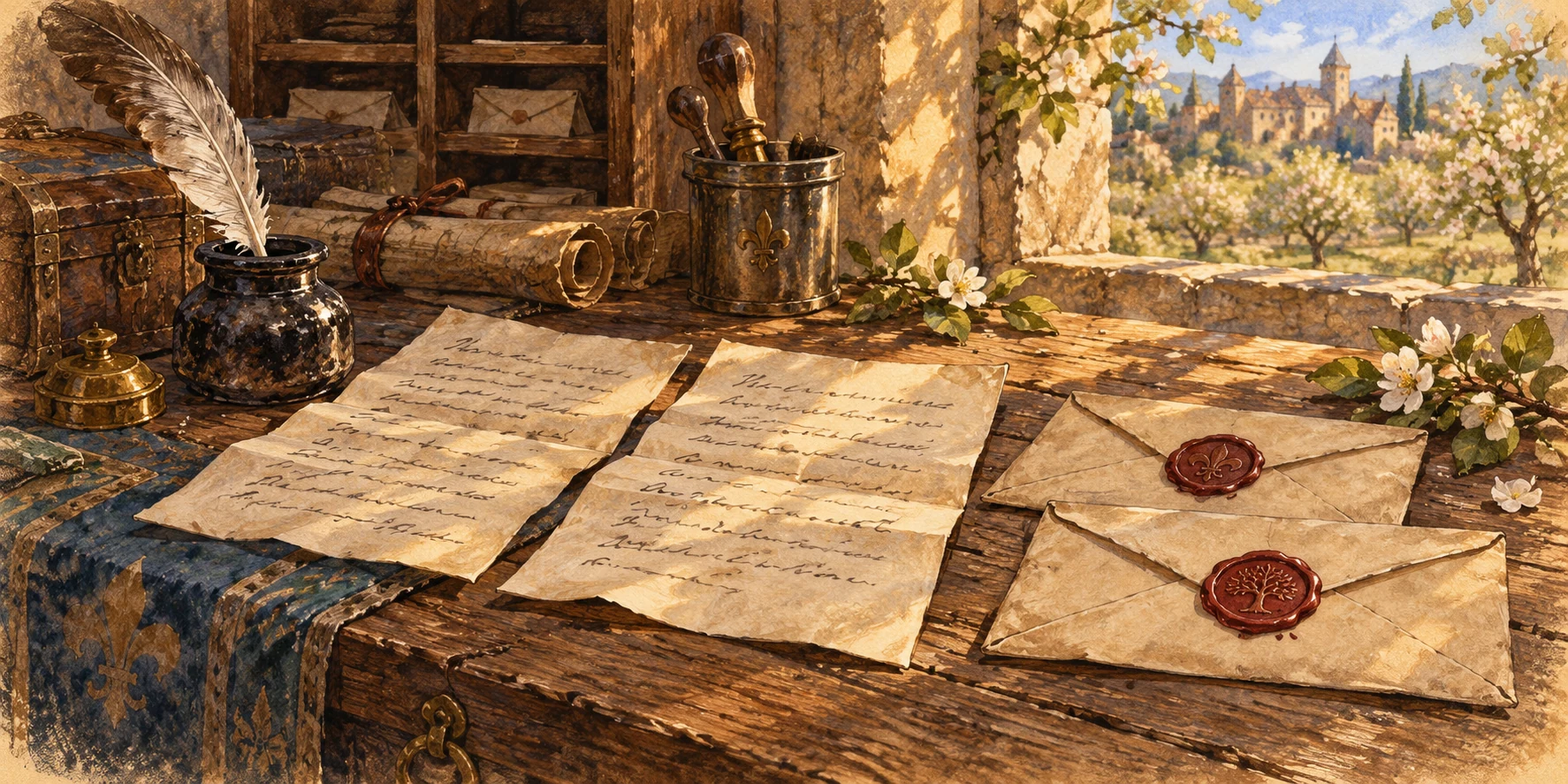 Two folded letter records and two sealed envelopes arranged on a modest courier's wooden desk beside an inkpot.