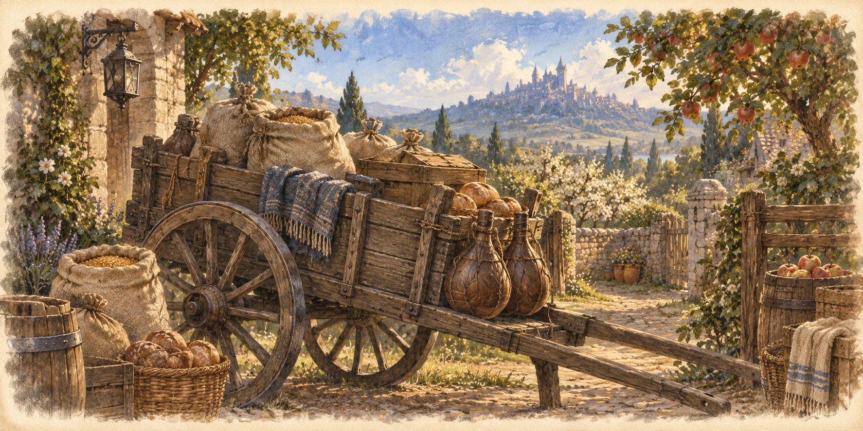 A sturdy modest wooden grain cart being prepared on a garden lane, sacks of grain, bread baskets and waterskins neatly fastened, orchard and distant hills behind.