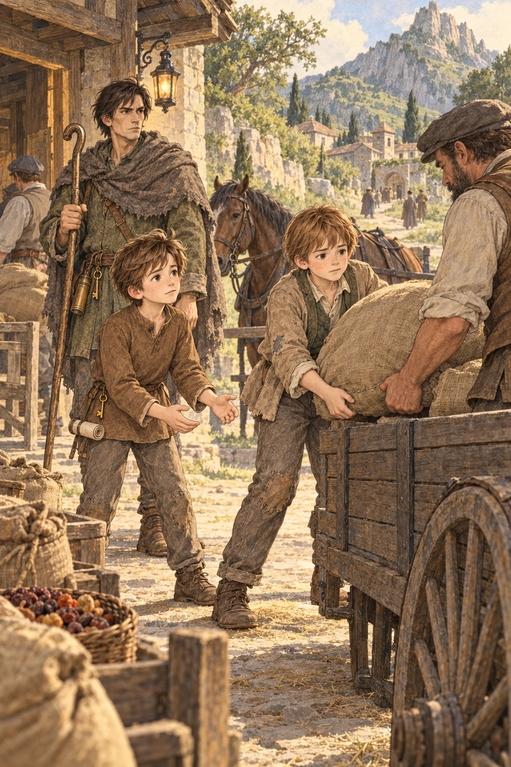 Ignorance helps load the return wagon and asks for help with a heavy sack.