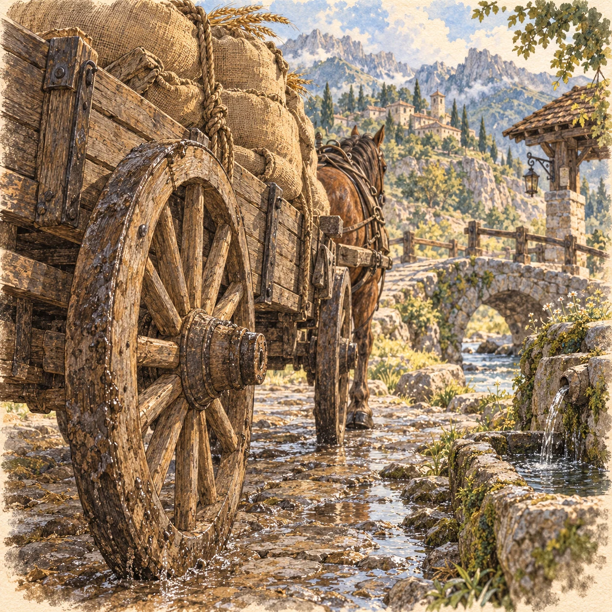 A grain wagon on the stone road.