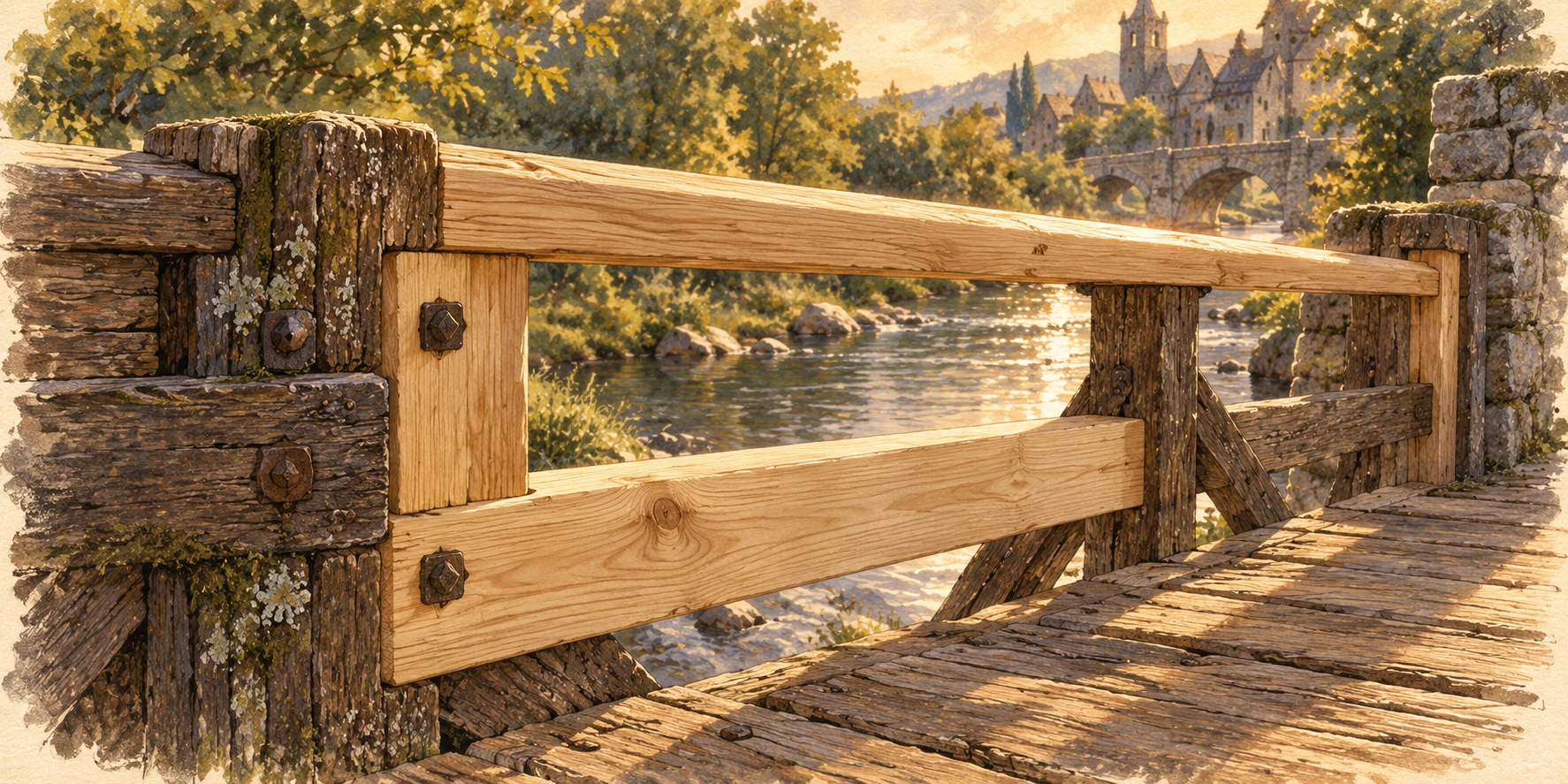 Close view of a newly fitted pale wooden beam and solid smooth handrail on a repaired footbridge.