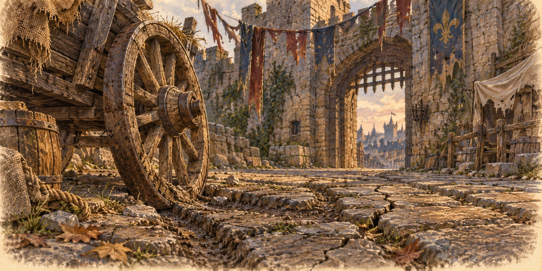 A rough grain-cart wheel beside crooked city gate paving, torn festive ribbons hang above and a hairline ground crack crosses old wheel tracks.