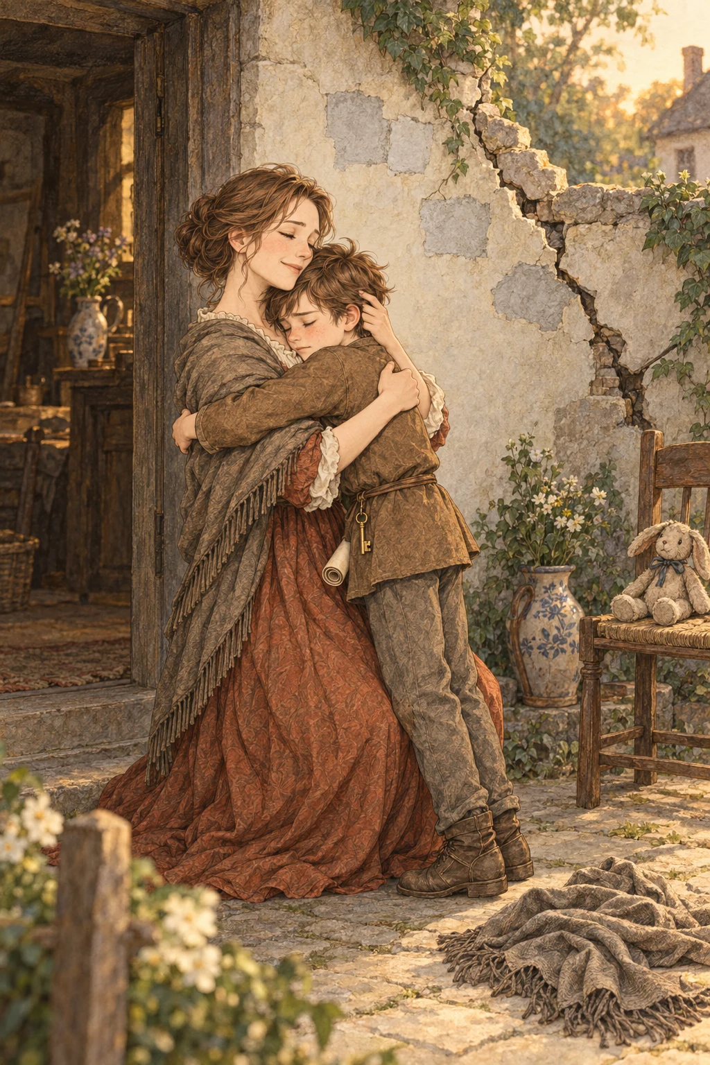 Chris’s mother drops her cloth and embraces him when he comes home.