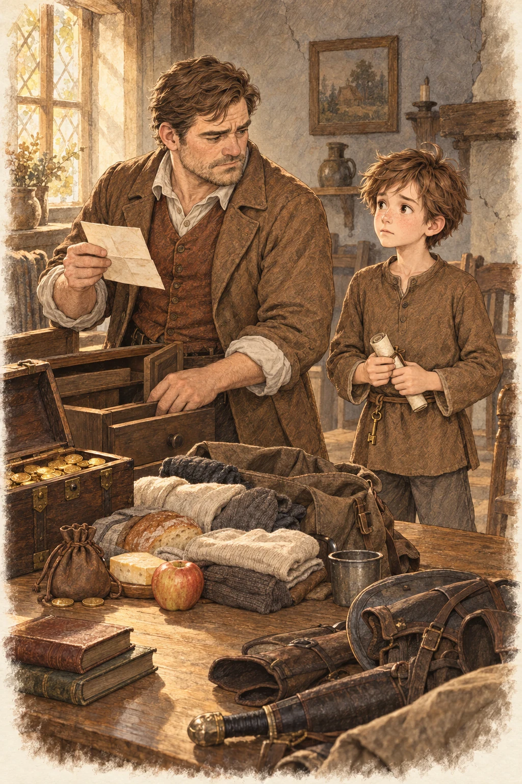 Chris’s father puts down the coin box and packs supplies for the journey.