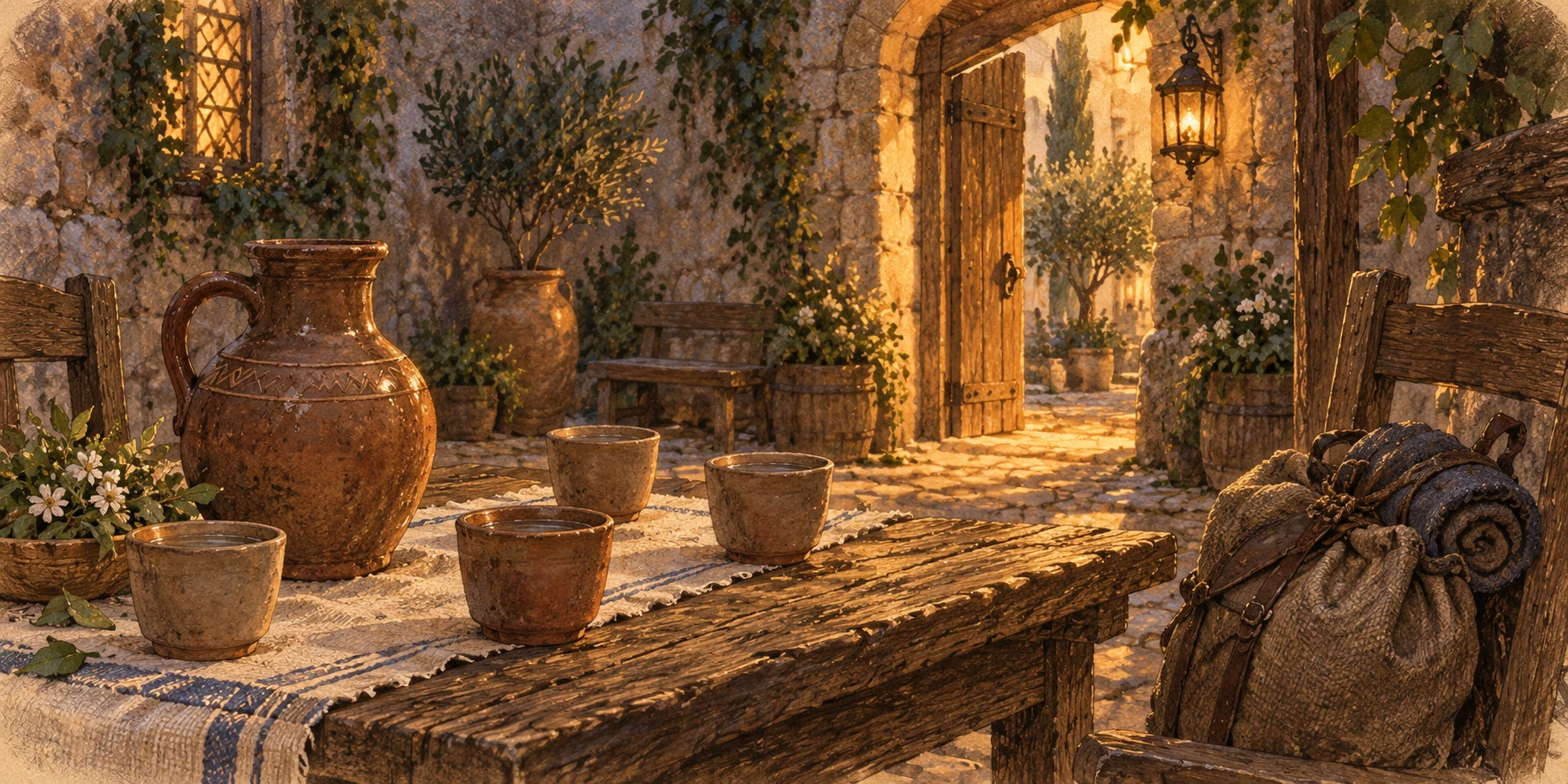 Several plain clay cups and a water jug on a long humble table inside the narrow-gate guest courtyard.