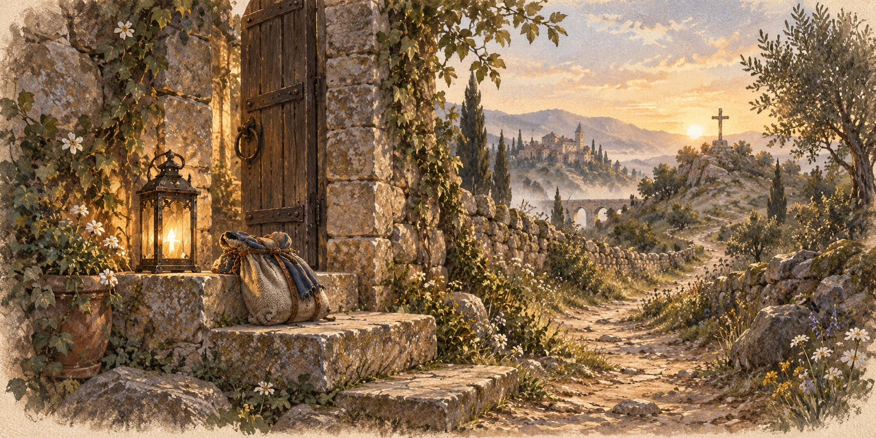 A small lantern still shining beside the narrow gate in soft morning, a little child's cloth travel bag resting momentarily on a low step, footpath leads toward a distant simple hillside cross.